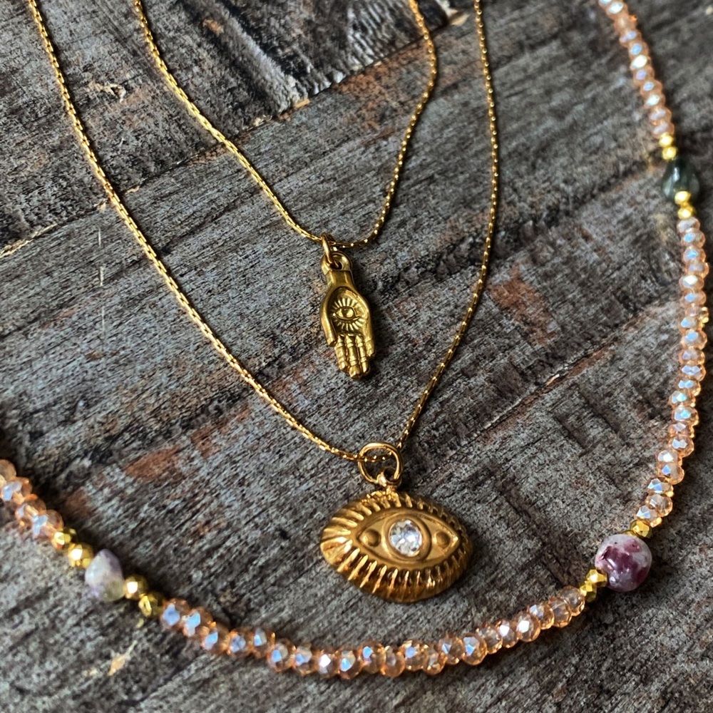 NEW Gold Hamsa & Evil Eye Layered Peach Semiprecious Stone Necklace Set